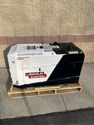 Lincoln Ranger Air 330MPX Multi-Function Welder on pallet, white with red/black trim, factory demo, exterior, WeldingMart equipment.