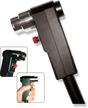 A close-up of a black handheld compact welding tool with a metal nozzle, red button, and two inset images showing different angles and usage, including a hand gripping the tool.