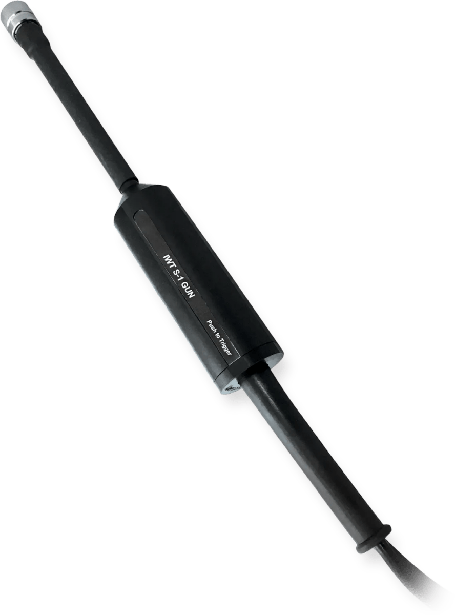 A black cylindrical IWT - S1 Precision Welding Gun - 8-EQ500009S features coaxial connectors, stainless steel fastener compatibility, and white INLINE 5-9 dB GAIN Power Pass text on its body, displayed against a white background.