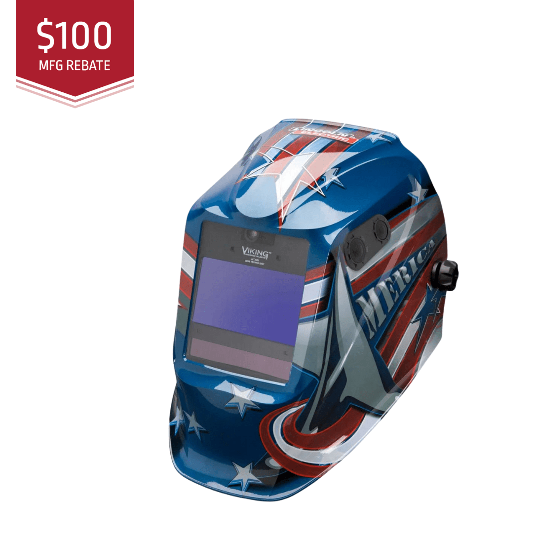 Welding helmet with American flag design on a white background, featuring a $100 MFG rebate label.
