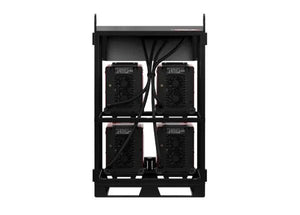 A Lincoln K4726-2 Flextec 350X PowerConnect 4-Pack Rack features an open black frame with four welders, each in its own bay, arranged in two rows of two, connected by visible cables and metal supports.