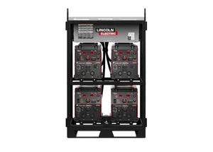 The Lincoln K4726-2 Flextec 350X PowerConnect 4-Pack Rack is a modular system that holds four Flextec 350X power sources in two rows of two, with an overhead panel containing key electrical components.