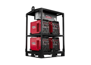 The Lincoln K4726-2 Flextec 350X PowerConnect 4-Pack Rack is a black modular welding rack holding four red Lincoln machines, two per shelf, with control panel knobs, sturdy frame, lifting hook, set on a white background.