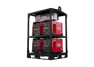 The Lincoln K4726-2 Flextec 350X PowerConnect 4-Pack Rack is a black modular welding rack that holds four red Lincoln Electric machines, stacked two per shelf, with a lifting hook and visible controls against a plain white background.