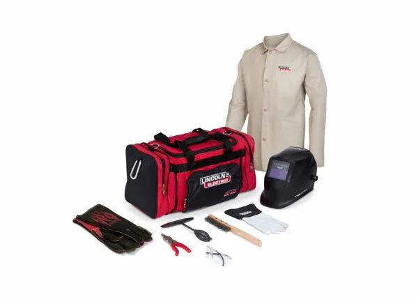Lincoln K4416-2XL Welding Gear Ready-Pak 2XL: helmet, gloves, jacket, safety glasses, tools & duffel bag on white.