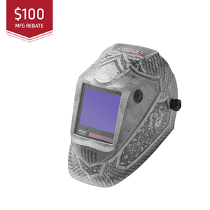 Welding helmet with decorative pattern on a white background, featuring a $100 MFG rebate label.