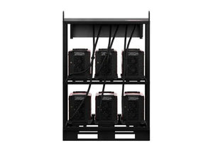 The Lincoln Flextec 350X PowerConnect 6-Pack Rack (K4727-2) holds six Flextec 350X units in two rows, features three shelves, open front, vents, and thick cables—ideal for multi-operator welding setups.