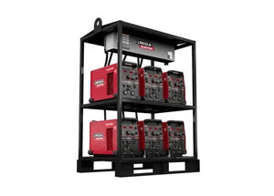 A black rack holds six red and black Lincoln Flextec 350X PowerConnect welders in two rows of three, plus a white device on top. The Lincoln Flextec 350X PowerConnect 6-Pack Rack (K4727-2) sits on a pallet against a plain white background.