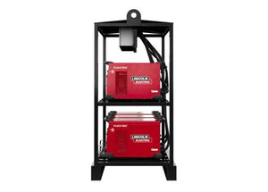 A black Lincoln Flextec 350X PowerConnect 6-Pack Rack - K4727-2 holds two red welding machines stacked vertically with organized cables on each shelf. A lifting eye is attached at the top; background is plain white.