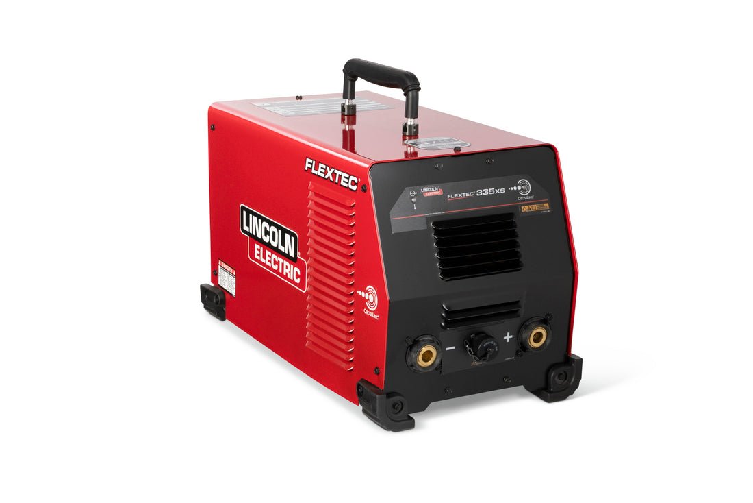 Lincoln Flextec 335XS K4850-1 welding machine, CrossLinc compatible, red, with control knobs and connectors on white background.