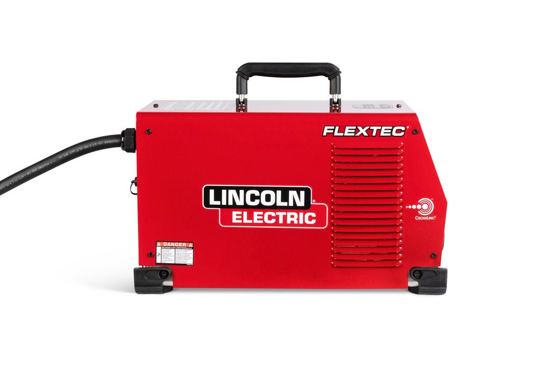 Lincoln Flextec 335XS Tweco K4850-1 red welding machine, multi-process welder with CrossLinc controls and side vents.