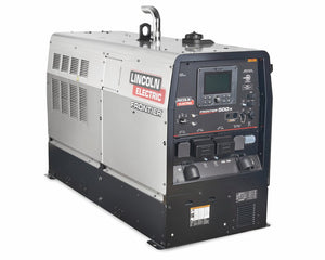 Lincoln Frontier 500X Kubota Welder K5350-2: silver/black welding machine with control panel, display, ideal for industrial use.