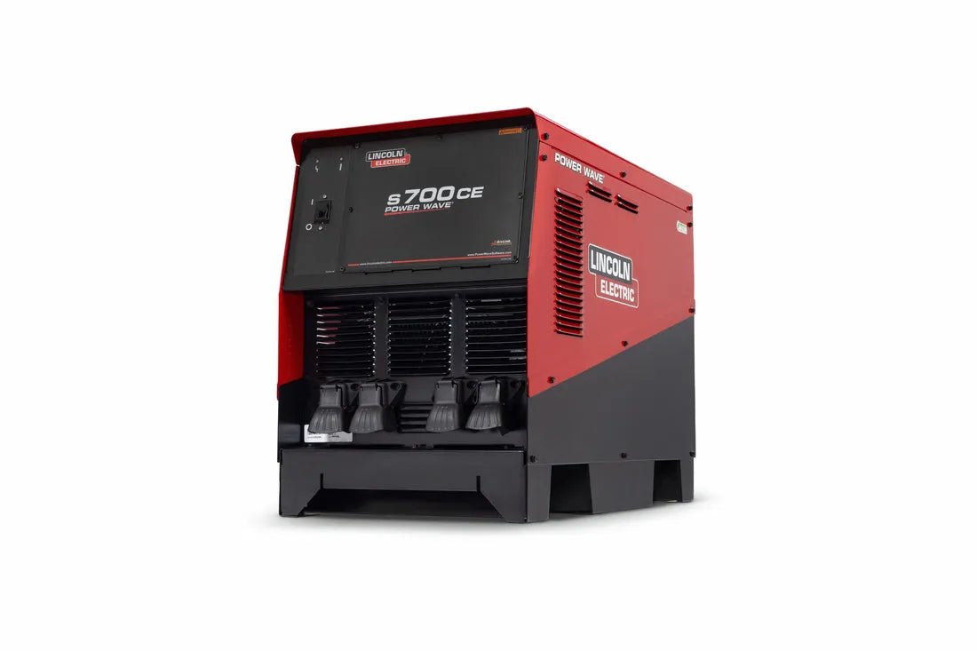 The Lincoln K5372-1 POWER WAVE S700 CE, shown in red and black with vented panels and labeled controls, is an industrial welding power source ideal for advanced robotic welding applications.