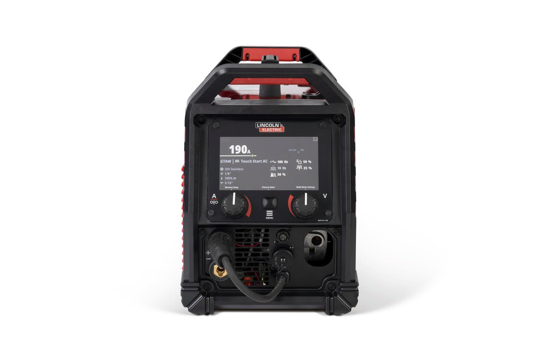 Lincoln POWER MIG 220 AC/DC Multi-Process Welder K5379-1, black/red, front panel with controls, WeldingMart welding equipment.