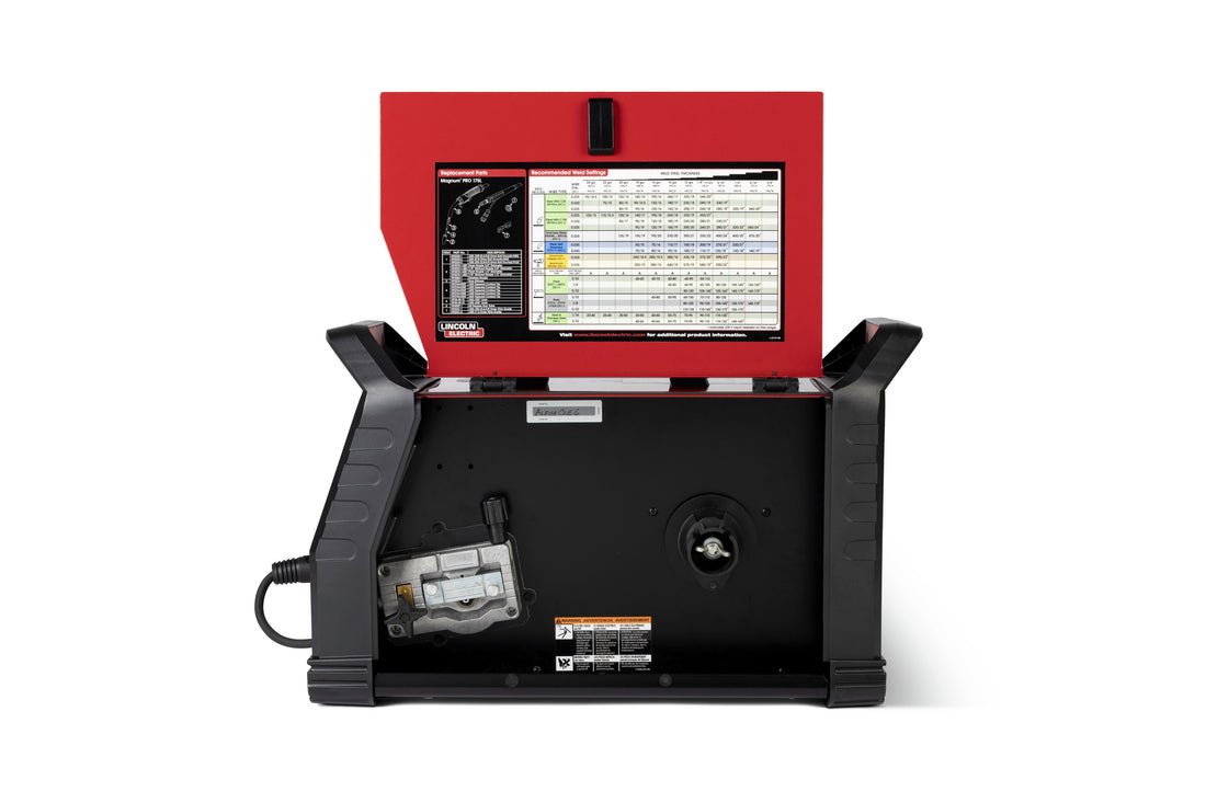 Lincoln POWER MIG 220 AC/DC Multi-Process Welder K5379-1, red/black, top open, showing wiring, chart, spool mount—WeldingMart tool.