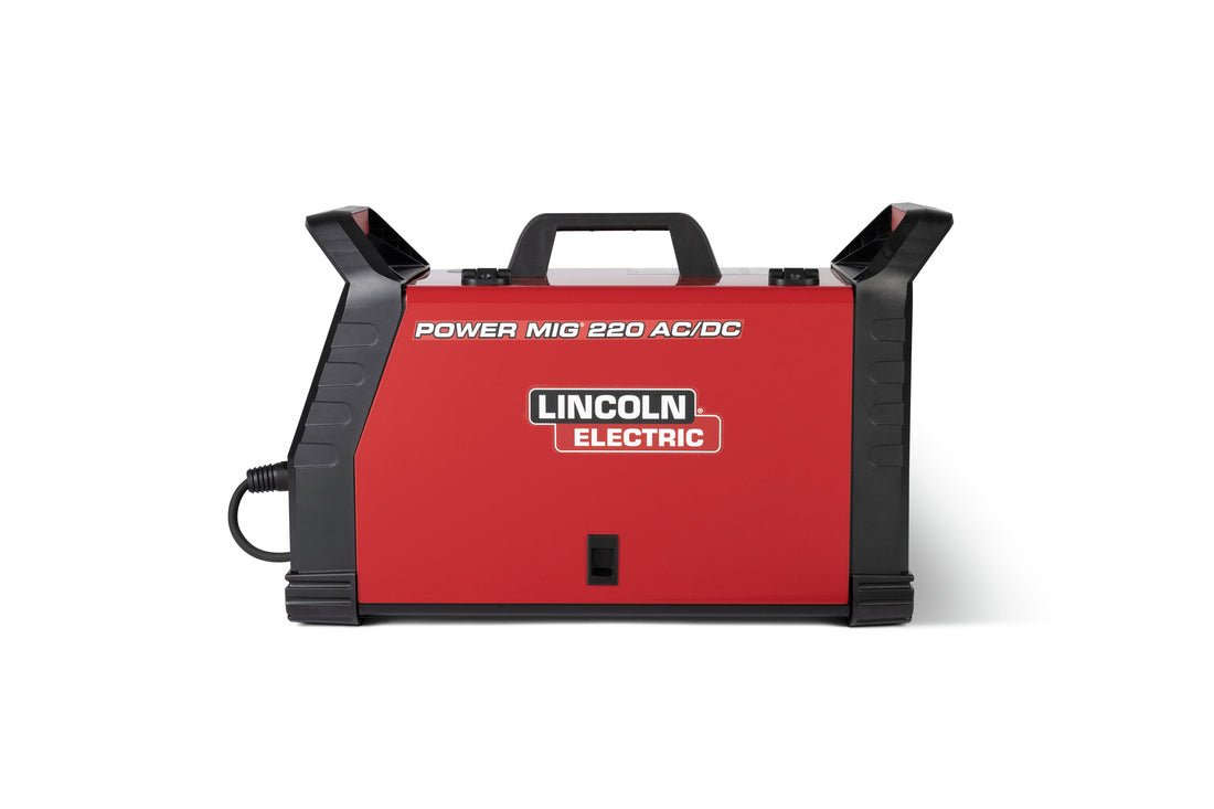 Lincoln POWER MIG 220 AC/DC Multi-Process Welder K5379-1, red and black, front view, top handle, power cord left side WeldingMart.