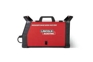 Lincoln POWER MIG 220 AC/DC Multi-Process Welder K5379-1, red and black, front view, top handle, power cord left side WeldingMart.