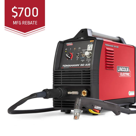 Lincoln Tomahawk 30 AIR plasma cutter with 10' hand torch and cables, $700 MFG rebate banner. Top welding equipment at WeldingMart.