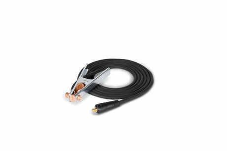 The Lincoln K5482-1 Twist Mate Work Lead Assembly is a black cable, neatly coiled, with a metallic ground clamp on one end and a black cylindrical Dinse 10-25 connector on the other, displayed against a plain white background.