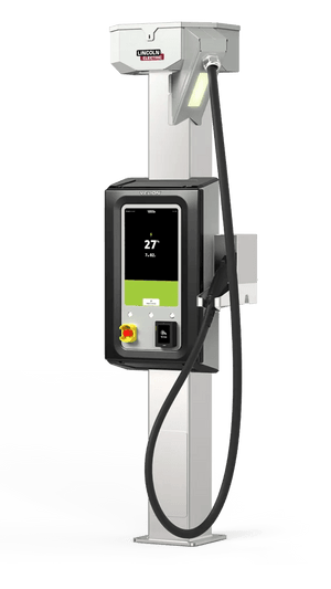 The Lincoln K5489-1 VELION 150KW DCFC Single Port Pedestal features a sleek vertical metal stand, digital display with charging details, black charging cable, and clearly labeled components for modern electric vehicle charging.