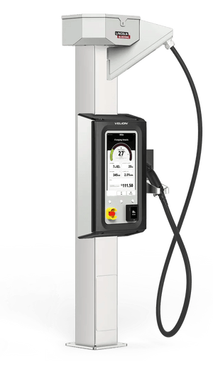 The Lincoln K5489-1 VELION 150KW DCFC Single Port Pedestal is a modern EV charging station with a digital display and integrated charging cable, featuring a tall, sleek white design.