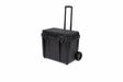 The Lincoln K5548-1 Elevate SLi Battery Powered Welder Rolling Machine Case features a black, ridged lid, dual side latches, retractable handle, and two wheels for easy transport. Shown against a plain white background.