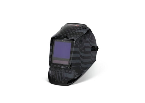 Lincoln Viking 3350 ADV Star Spangled Welding Helmet K5559-5 with large viewing screen and American flag, welding gear on white.