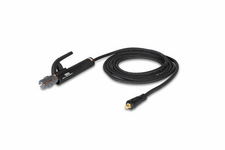 The Lincoln K5612-1 Electrode Lead Assembly 10-25 TwistMate is a black cable with an electrode holder and a Twist Mate Connector plug at the end, shown against a white background.
