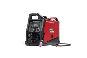 Lincoln Square Wave 205 TIG Welder (K5613-1), red and black, with digital display, control knobs, and attached welding torch.
