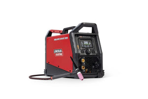 Lincoln Square Wave 205 TIG Welder K5613-1, red and black AC/DC TIG welding machine with torch and digital display, on white.