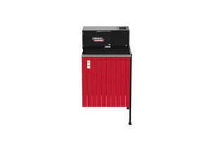 The Lincoln Prism Exhaust Booth Side-by-Side Add-On, 230V, 3 Phase, One-Pak (K5664-2) is a red and black industrial unit with vertical paneling and a right-side support leg, ideal for welding booths or pairing with a Prism Exhaust Booth.