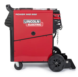 Lincoln Power MIG 262 Welder K5706-1, red multi-process welding equipment with wheels, panel, holder, and chain. For aluminum.