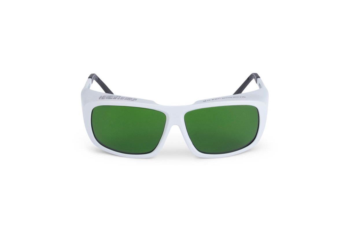 Lincoln FLZ Laser Welding Safety Glasses K5750-1 with white frame, green lenses for laser eye protection, front view, WeldingMart.