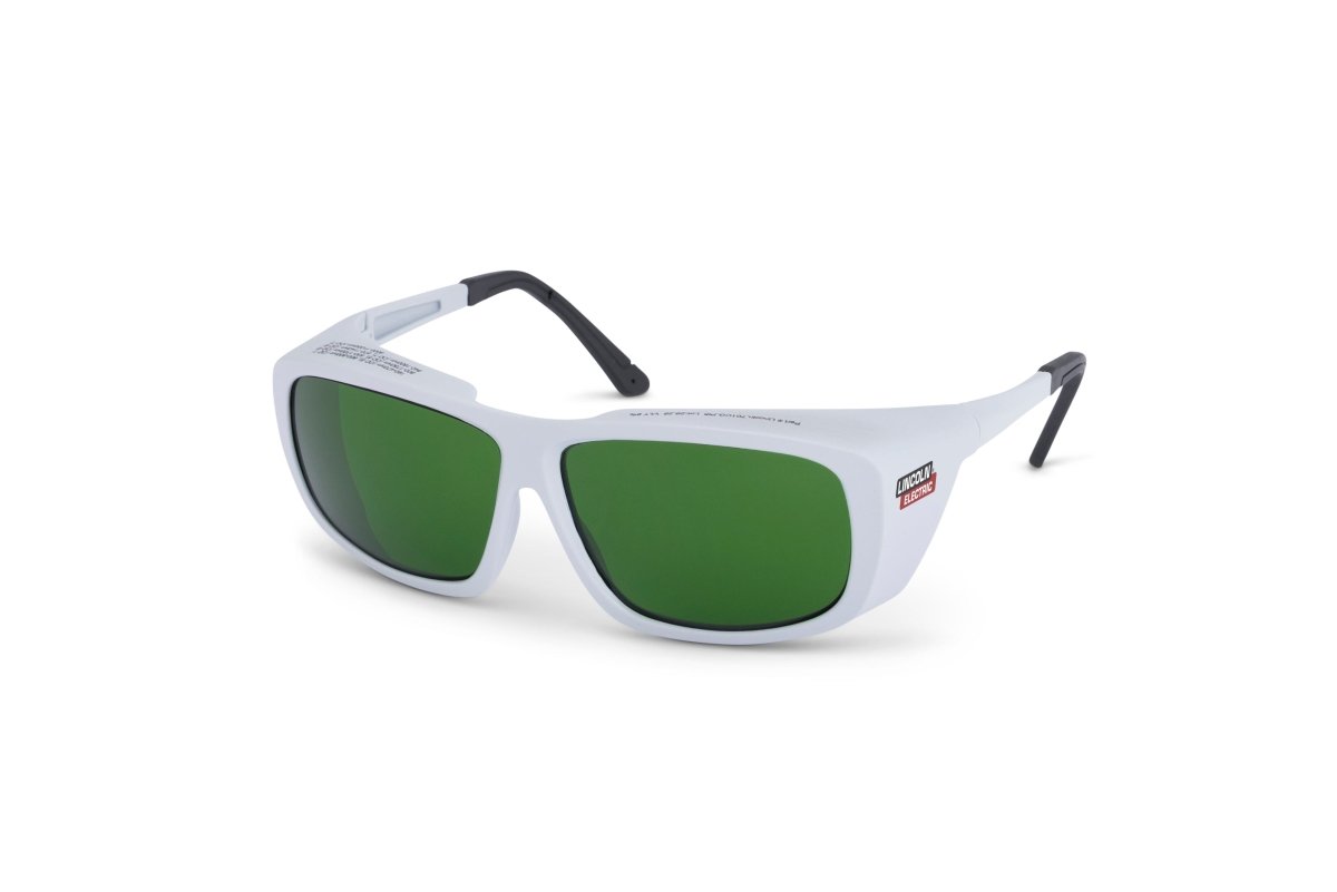Lincoln FLZ Laser Welding Safety Glasses K5750-1 with white frame, green lenses, black tips; laser eye protection accessory.
