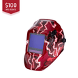 Red welding helmet with a rebate offer on a white background