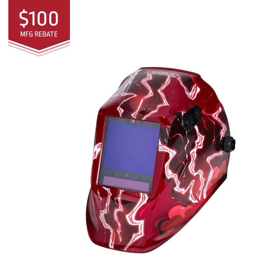 Red welding helmet with a rebate offer on a white background