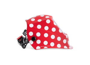 Red bike helmet with white polka dots, side view, adjustable strap—bold design rivals VIKING 3350 ADV welding helmet style.