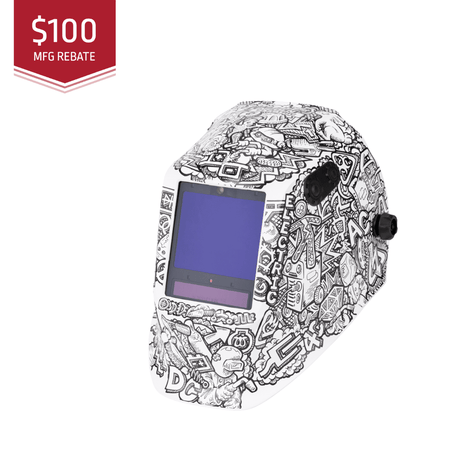 Welding helmet with black and white designs on a white background, featuring a $100 MFG rebate label.