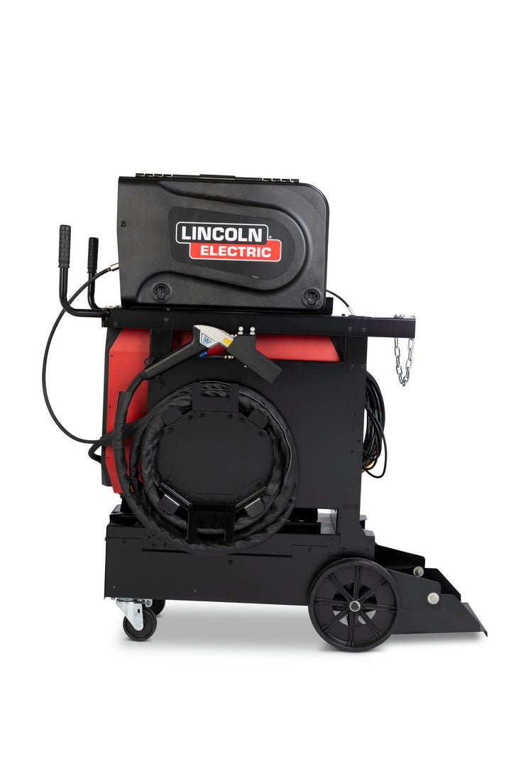 Lincoln Flex Lase Handheld Laser Welder K5772-1, black and red, with cables, handles, wheels, Lincoln logo; welding accessory.