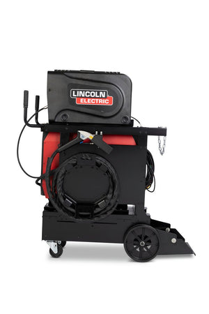 Lincoln Flex Lase Handheld Laser Welder K5772-1, black and red, with cables, handles, wheels, Lincoln logo; welding accessory.