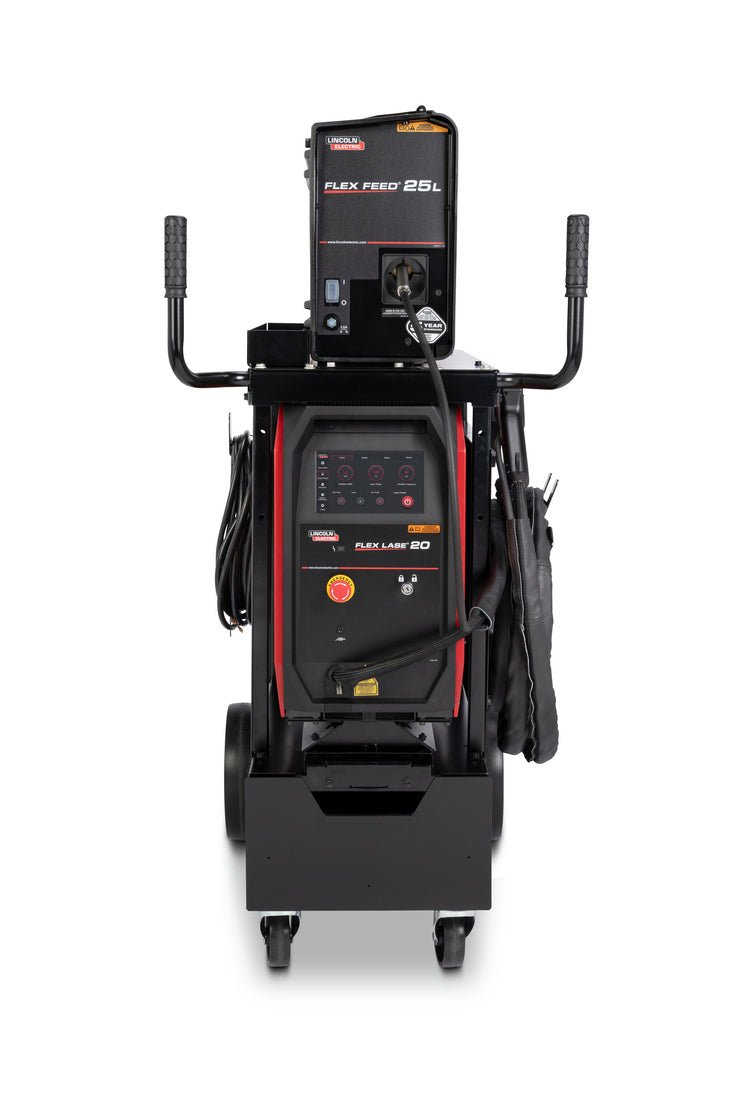 Lincoln Flex Lase Handheld Laser Welding System K5772-1 with Flex Feed 25L wire feeder, portable wheels, cables, laser safety features.