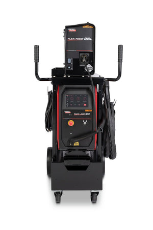 Lincoln Flex Lase Handheld Laser Welding System K5772-1 with Flex Feed 25L wire feeder, portable wheels, cables, laser safety features.