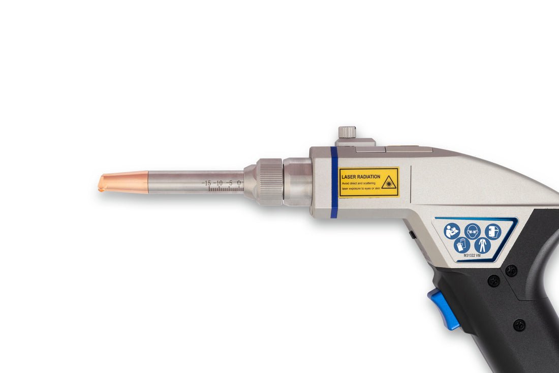 Lincoln Flex Lase Handheld Laser Welding System K5772-1 with metallic tip, laser warning, safety icons; welding tool close-up.