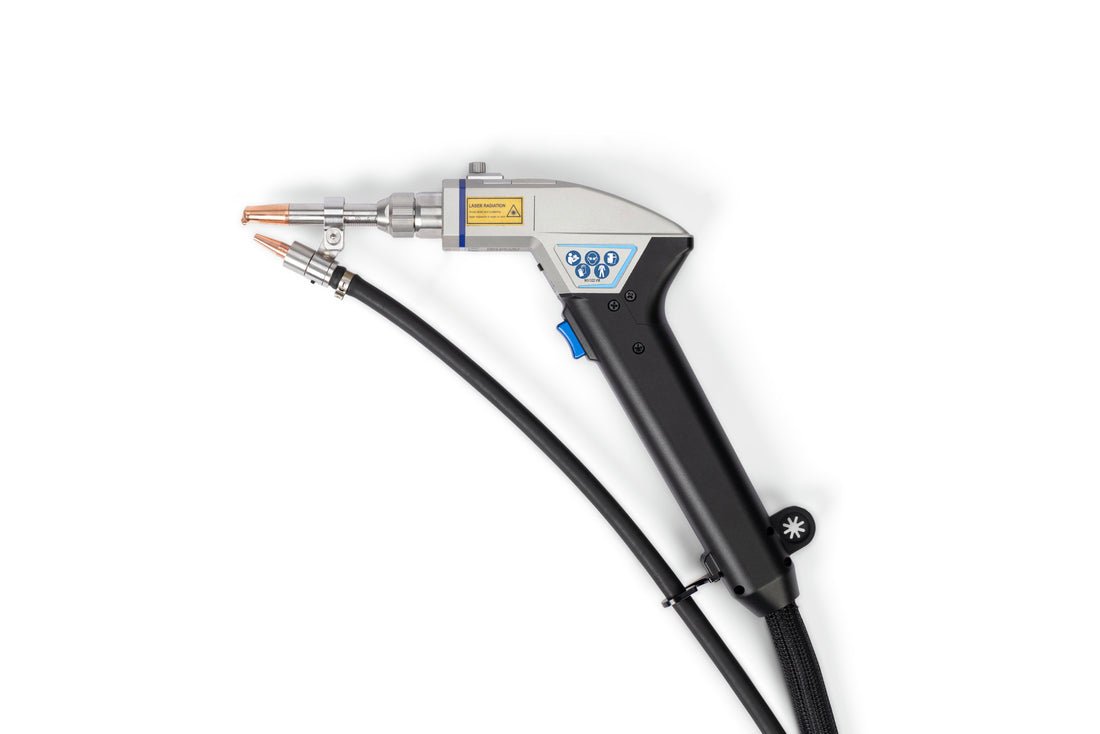 Lincoln Flex Lase Handheld Laser Welding System K5772-1 with black handle, copper nozzle, dual cables. Industrial welding tool.