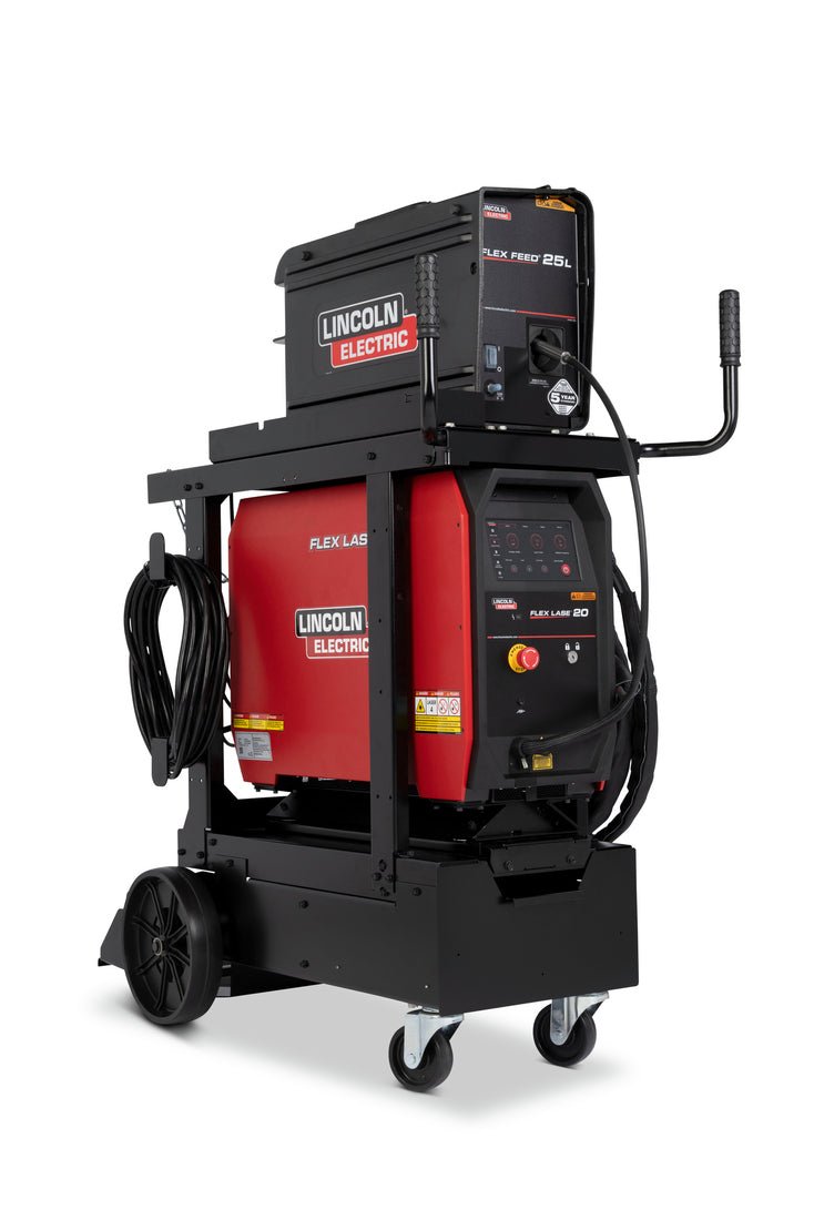 Lincoln Flex Lase Handheld Laser Welding System K5772-1 with black frame, wheels, handles; stacked red/black units for industry.