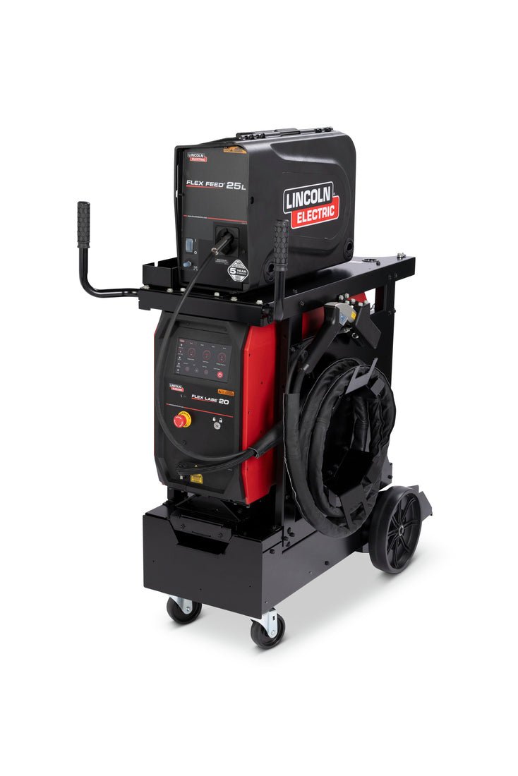 Lincoln Flex Lase Handheld Laser Welding System K5772-1 on mobile cart with coiled cables, control panels, and laser safety features.