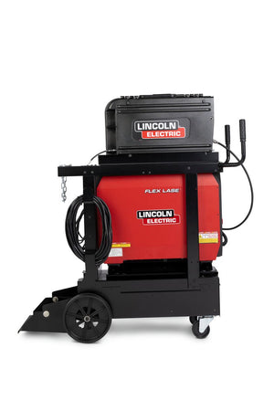 Lincoln Flex Lase Handheld Laser Welding System K5772-1 on wheels with coiled cables, storage box—premium WeldingMart equipment.