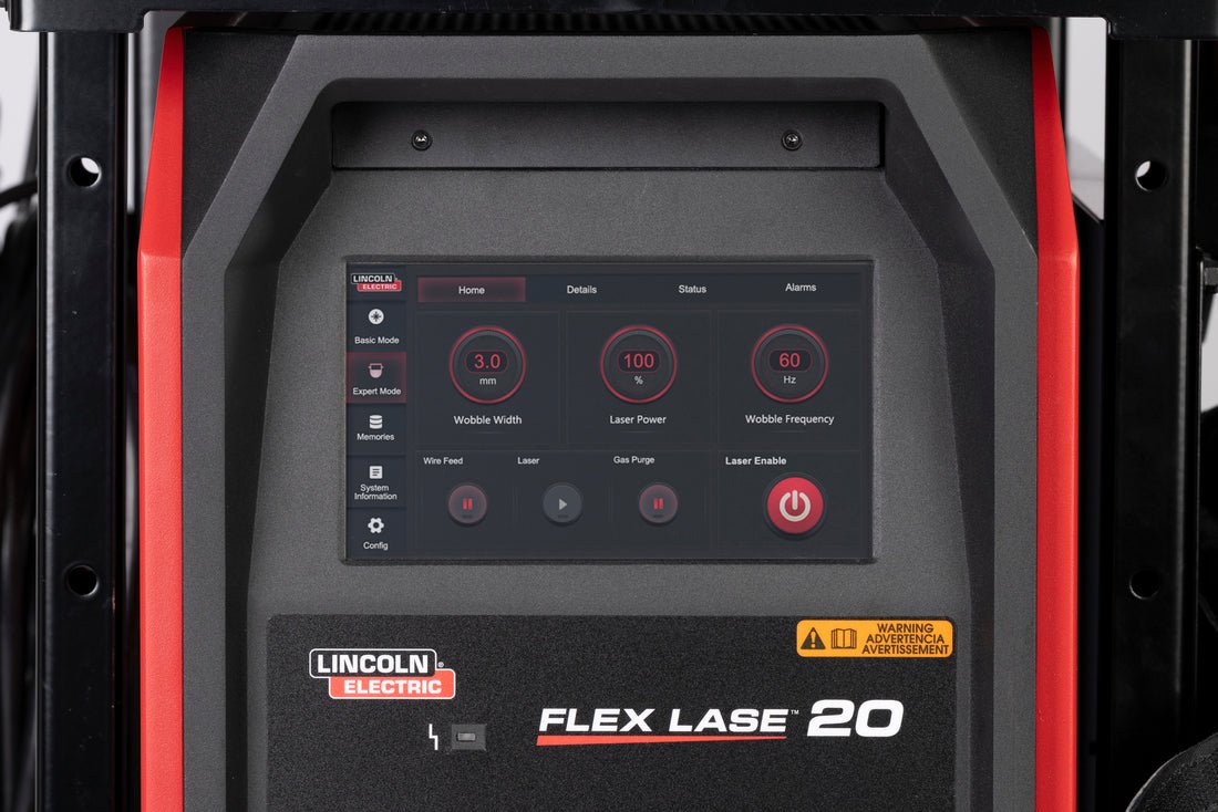 Lincoln Flex Lase Handheld Laser Welder K5772-1 control panel with digital display, welding power, wobble width, safety features.