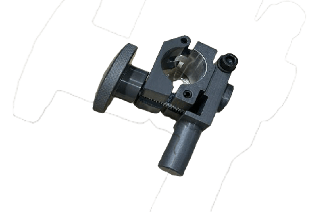 Bug-O 1" Torch Holder KBUG-1100-1 welding accessory with clamp, adjustment knob, and gear teeth on white background.