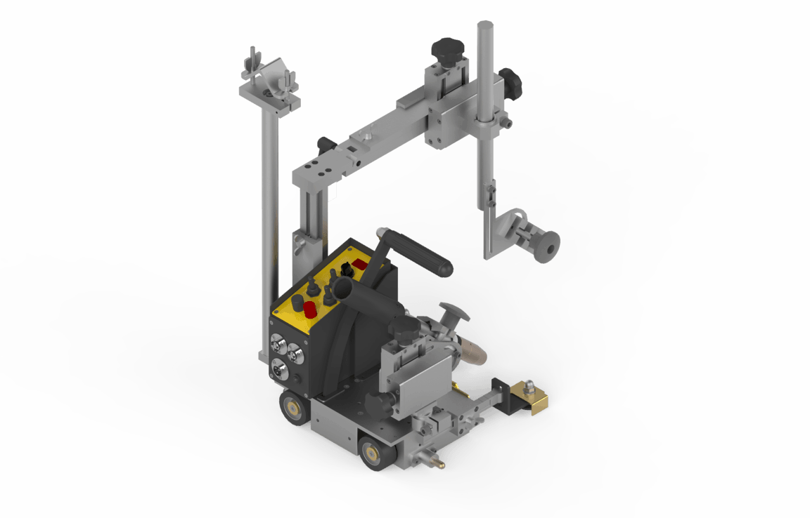 Bug-O DUAL GUN DIGITAL FILLET WELDER KBUG-2004 portable welding carriage with yellow panel, black handle, metal arms, clamps.